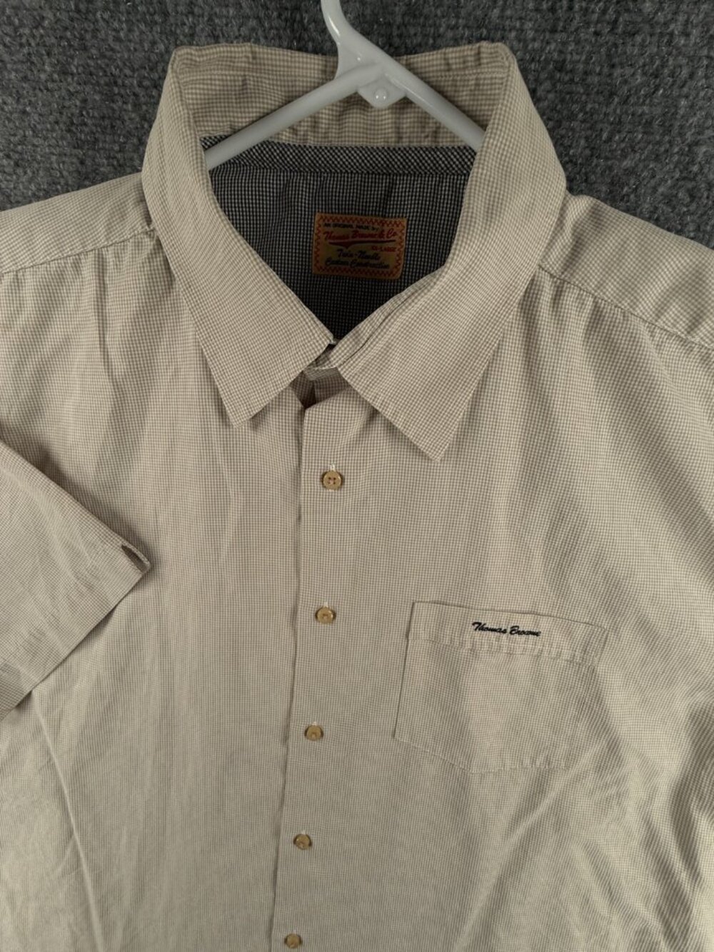 THOM BROWNE Thomas 2XL Short Sleeve Button Up Twin Needle Beige Check Modal Mix
